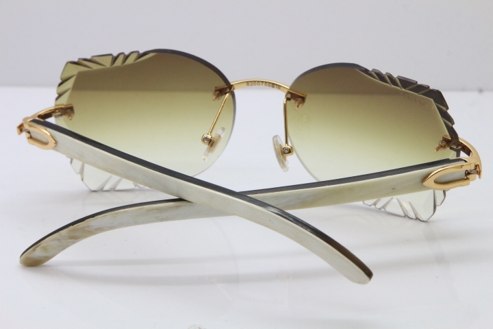 Cartier Rimless Carved Lens Original White Inside Black Buffalo Horn 8200762A Sunglasses in Gold Brown Lens New