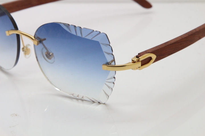 Cartier Rimless Carved Lens Original Wood 8200762A Sunglasses in Gold Blue Lens New