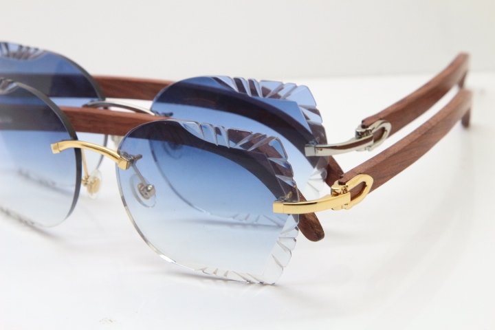 Cartier Rimless Carved Lens Original Wood 8200762A Sunglasses in Gold Blue Lens New