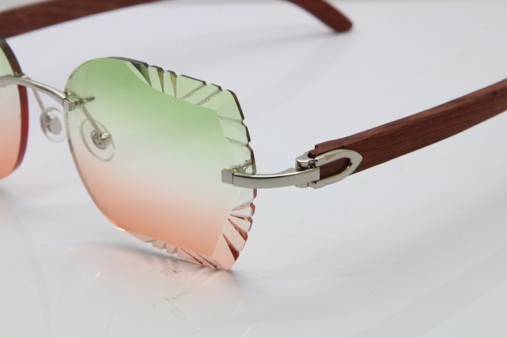 Cartier Rimless Carved Lens Original Wood 8200762A Sunglasses in Gold Green Mix Brown Lens New