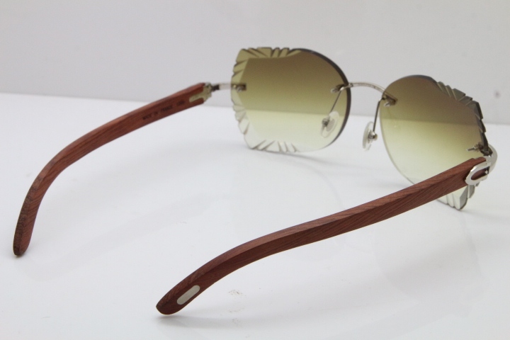 Cartier Rimless Carved Lens Original Wood 8200762A Sunglasses in Gold Brown Lens New