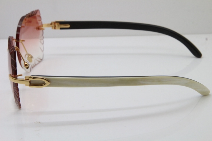 Cartier Rimless Carved Lens Original White Inside Black Buffalo Horn 8200762A Sunglasses in Silver Pink Lens New