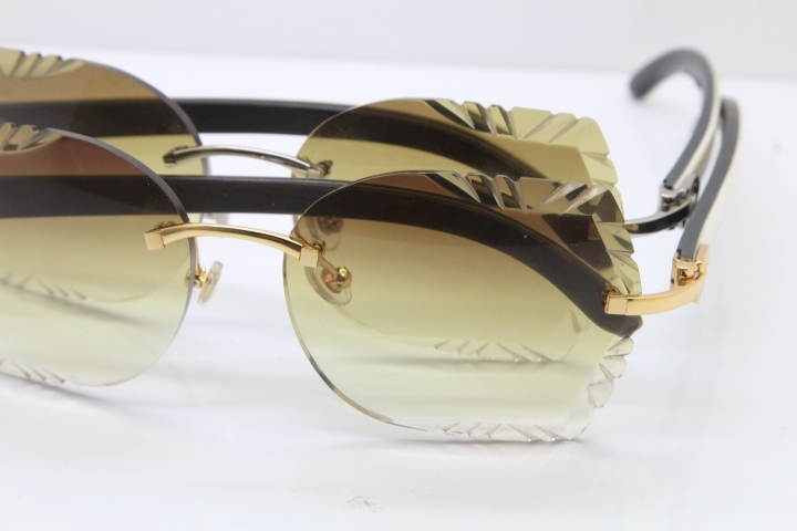 Cartier Rimless Carved Lens Original White Inside Black Buffalo Horn 8200762A Sunglasses in Gold Brown Lens New