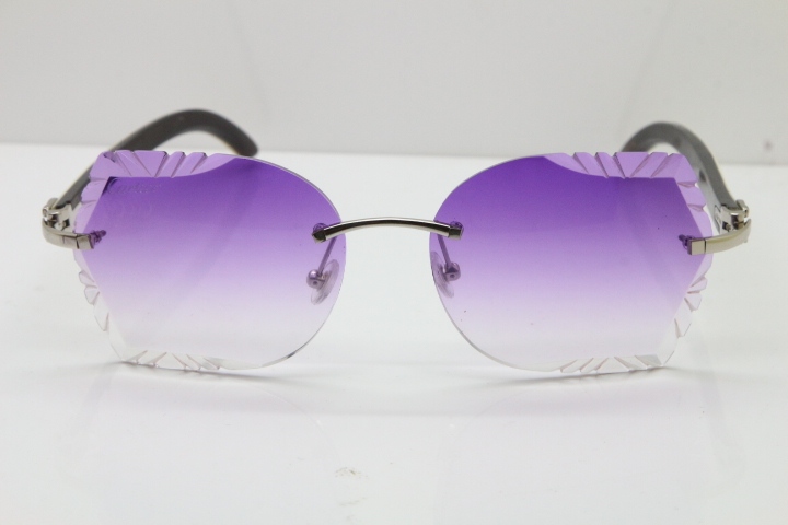 Cartier Rimless Carved Lens Original White Inside Black Buffalo Horn 8200762A Sunglasses in Silver Purple Lens New