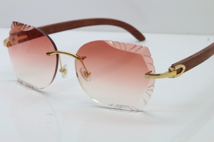 Cartier Rimless Carved Lens Original Wood 8200762A Sunglasses in Gold Pink Lens New