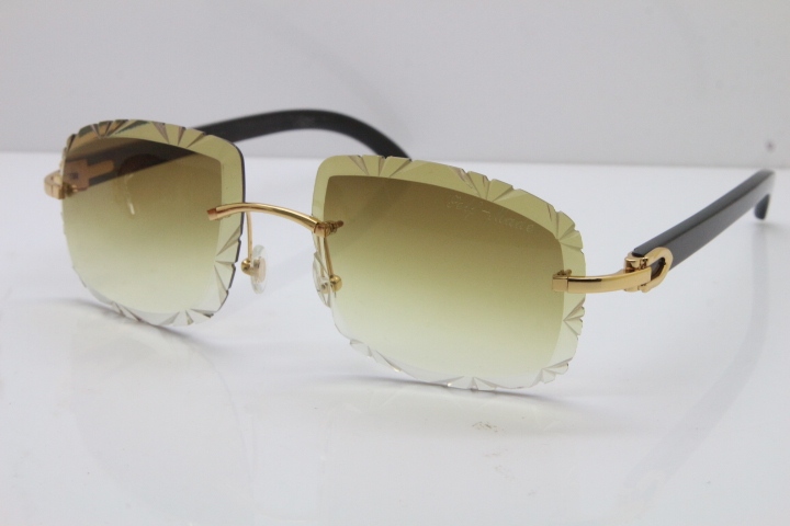 Cartier Rimless Carved Lens Black Buffalo Horn T8200762 Sunglasses  in Gold Brown Lens New