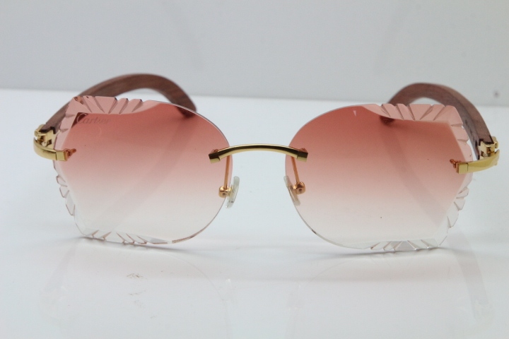 Cartier Rimless Carved Lens Original Wood 8200762A Sunglasses in Gold Pink Lens New