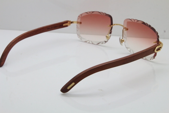 Cartier Rimless Original Wood T8200762 Sunglasses in Gold Pink Lens New（Carved Lens）