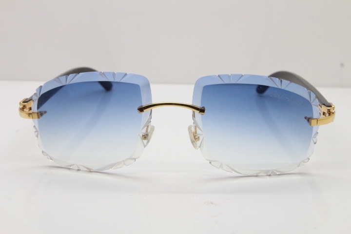 Cartier Rimless Carved Lens Black Buffalo Horn T8200762 Sunglasses  in Gold Blue Lens New