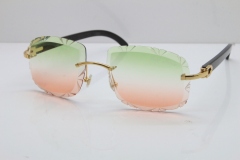 Cartier Rimless Carved Lens Black Buffalo Horn T8200762 Sunglasses  in Gold Green Mix Brown Lens New