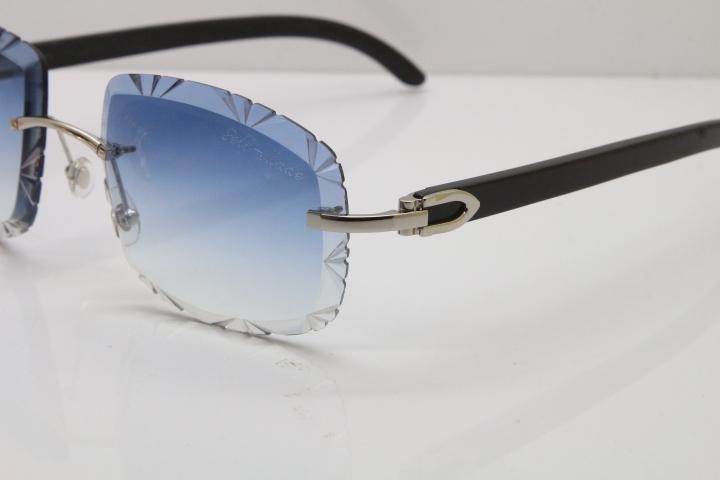 Cartier Rimless Carved Lens Black Buffalo Horn T8200762 Sunglasses  in Gold Blue Lens New