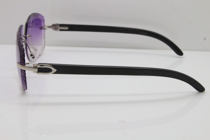 Cartier Rimless Carved Lens Black Buffalo Horn T8200762 Sunglasses in Silver Purple Lens New