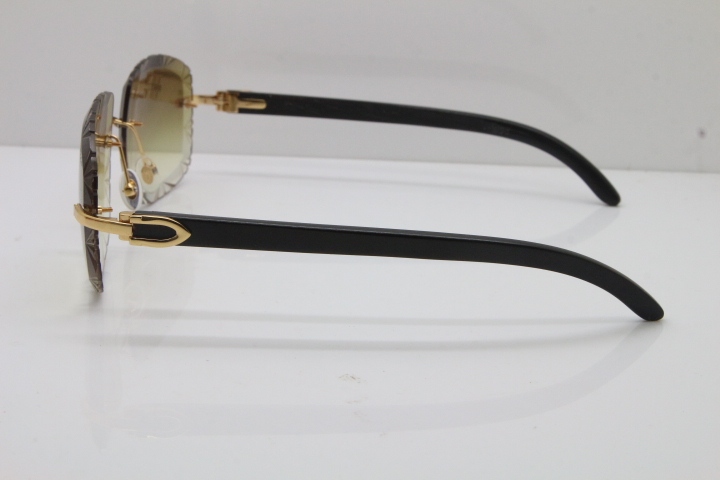 Cartier Rimless Carved Lens Black Buffalo Horn T8200762 Sunglasses  in Gold Brown Lens New