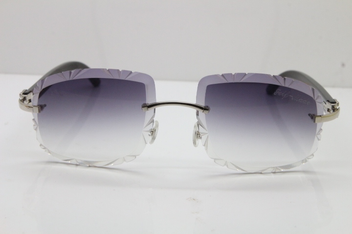 Cartier Rimless Carved Lens Black Buffalo Horn T8200762 Sunglasses in Silver Gray Lens New