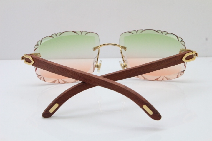 Cartier Rimless Original Wood T8200762 Sunglasses in Gold Green Mix Brown Lens New（Carved Lens）