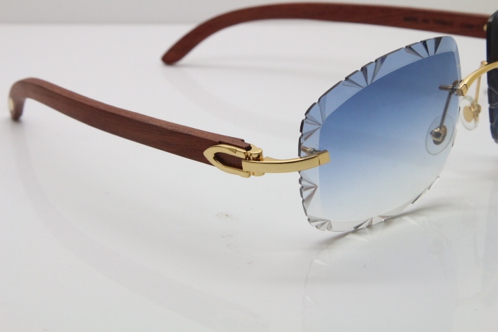 Cartier Rimless Wood T8200762 Sunglasses in Gold Blue Lens New（Carved Lens）