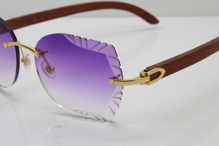 Cartier Rimless Carved Lens Original Wood 8200762A Sunglasses in Gold Purple Lens New