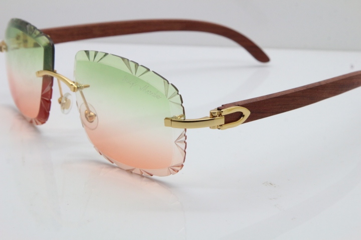 Cartier Rimless Original Wood T8200762 Sunglasses in Gold Green Mix Brown Lens New（Carved Lens）