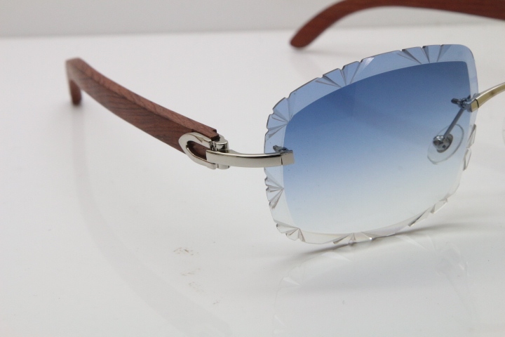 Cartier Rimless Wood T8200762 Sunglasses in Gold Blue Lens New（Carved Lens）