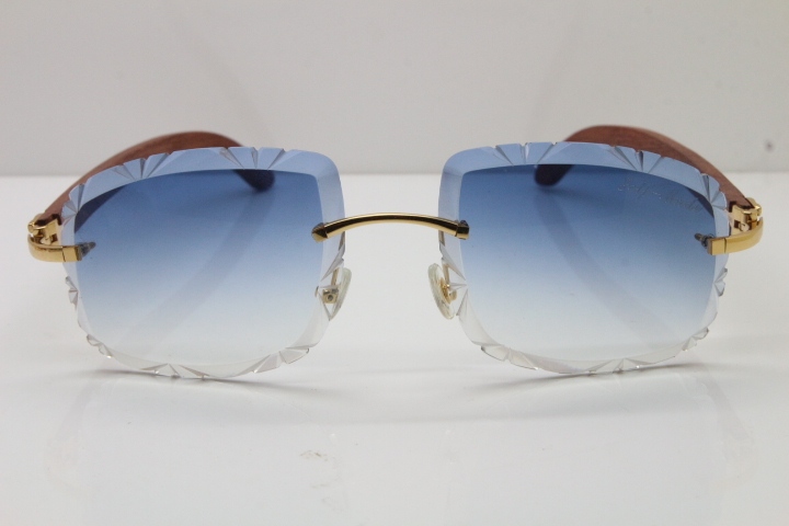 Cartier Rimless Wood T8200762 Sunglasses in Gold Blue Lens New（Carved Lens）