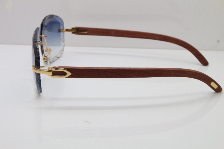 Cartier Rimless Wood T8200762 Sunglasses in Gold Blue Lens New（Carved Lens）