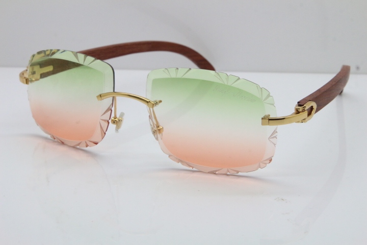 Cartier Rimless Original Wood T8200762 Sunglasses in Gold Green Mix Brown Lens New（Carved Lens）