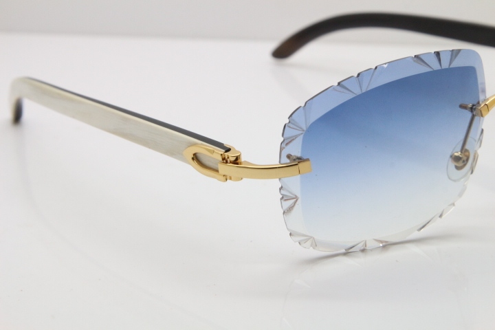 Cartier Rimless White Inside Black Buffalo Horn T8200762 Sunglasses in Gold Blue Lens New（Carved Lens）