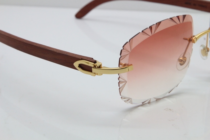 Cartier Rimless Original Wood T8200762 Sunglasses in Gold Pink Lens New（Carved Lens）