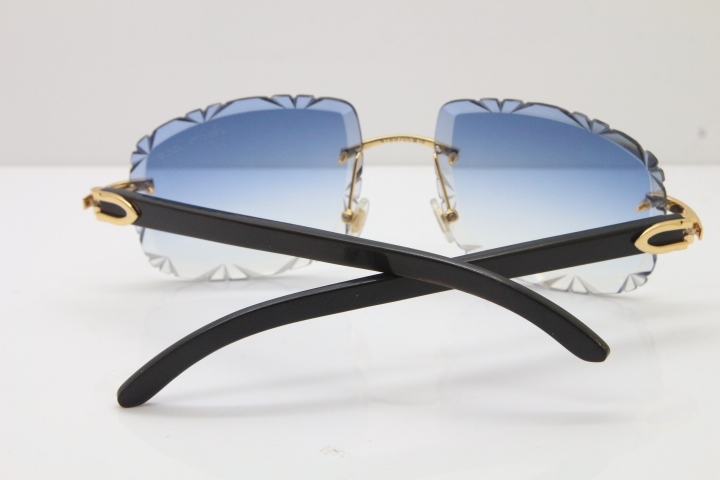 Cartier Rimless Carved Lens Black Buffalo Horn T8200762 Sunglasses  in Gold Blue Lens New
