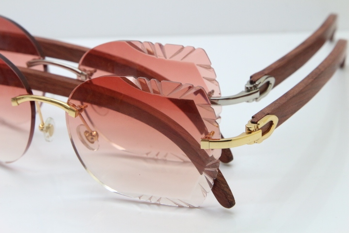 Cartier Rimless Carved Lens Original Wood 8200762A Sunglasses in Gold Pink Lens New