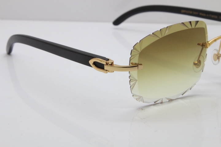 Cartier Rimless Carved Lens Black Buffalo Horn T8200762 Sunglasses  in Gold Brown Lens New