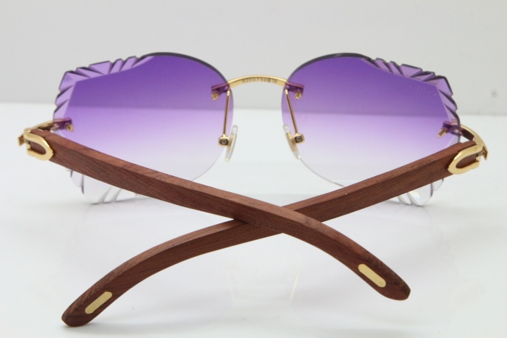 Cartier Rimless Carved Lens Original Wood 8200762A Sunglasses in Gold Purple Lens New