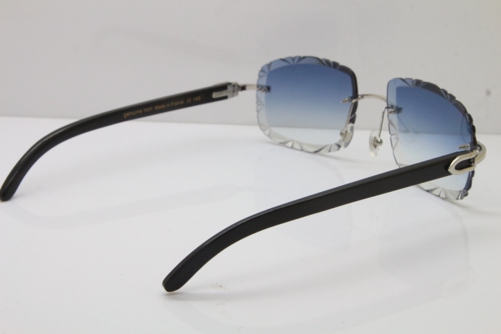 Cartier Rimless Carved Lens Black Buffalo Horn T8200762 Sunglasses  in Gold Blue Lens New