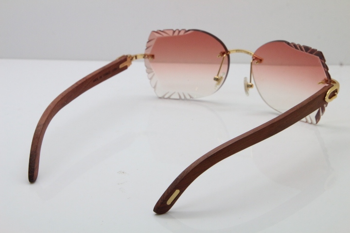 Cartier Rimless Carved Lens Original Wood 8200762A Sunglasses in Gold Pink Lens New