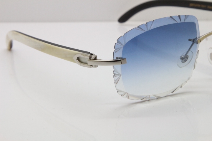 Cartier Rimless White Inside Black Buffalo Horn T8200762 Sunglasses in Gold Blue Lens New（Carved Lens）