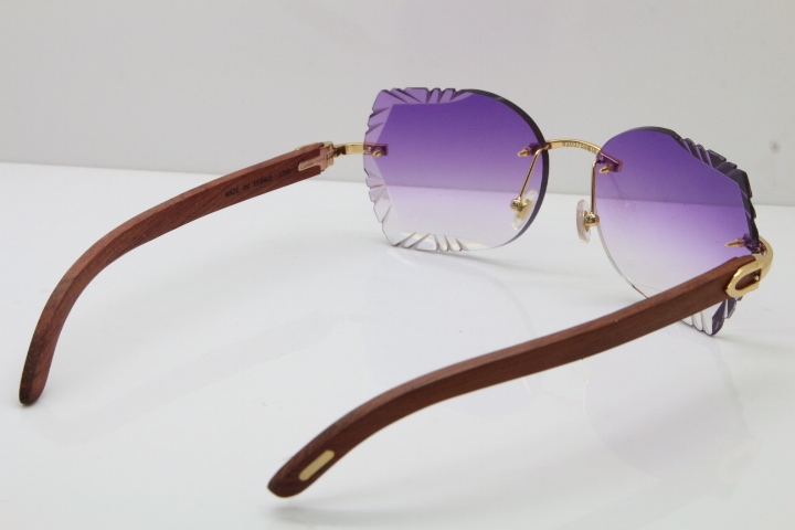 Cartier Rimless Carved Lens Original Wood 8200762A Sunglasses in Gold Purple Lens New