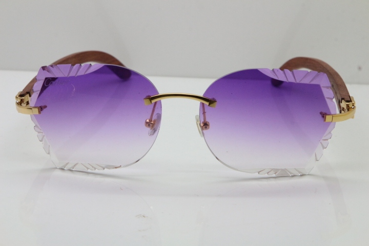 Cartier Rimless Carved Lens Original Wood 8200762A Sunglasses in Gold Purple Lens New