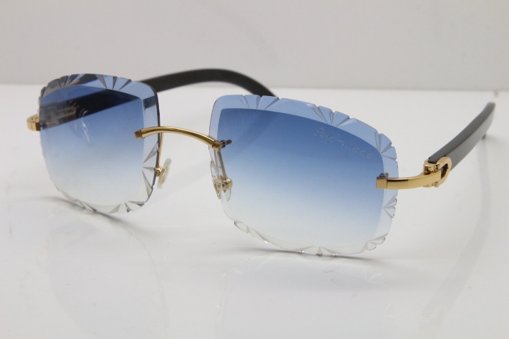 Cartier Rimless Carved Lens Black Buffalo Horn T8200762 Sunglasses  in Gold Blue Lens New