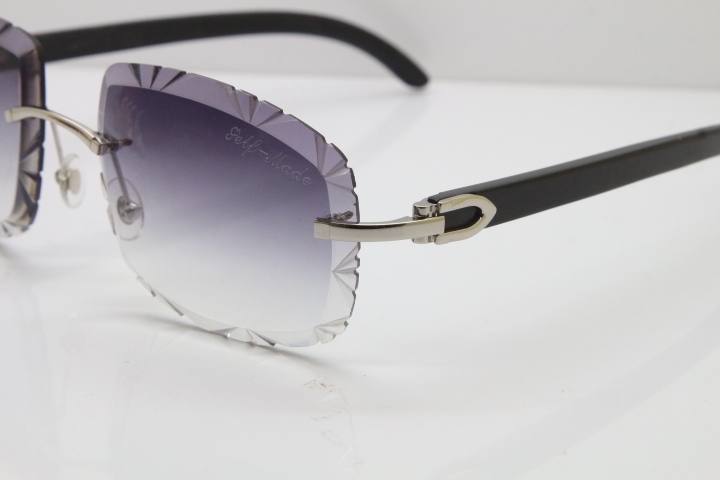 Cartier Rimless Carved Lens Black Buffalo Horn T8200762 Sunglasses in Silver Gray Lens New