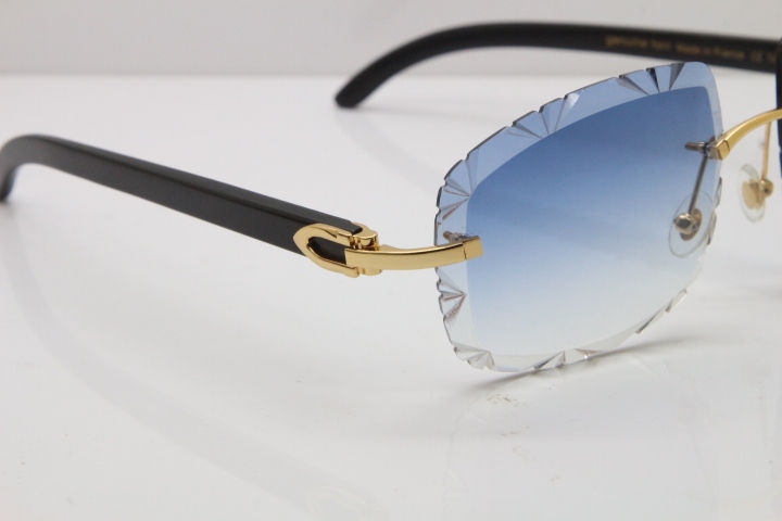 Cartier Rimless Carved Lens Black Buffalo Horn T8200762 Sunglasses  in Gold Blue Lens New