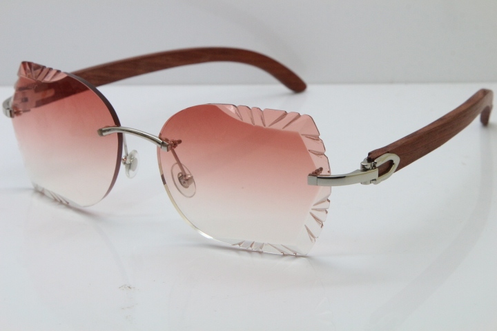 Cartier Rimless Carved Lens Original Wood 8200762A Sunglasses in Gold Pink Lens New