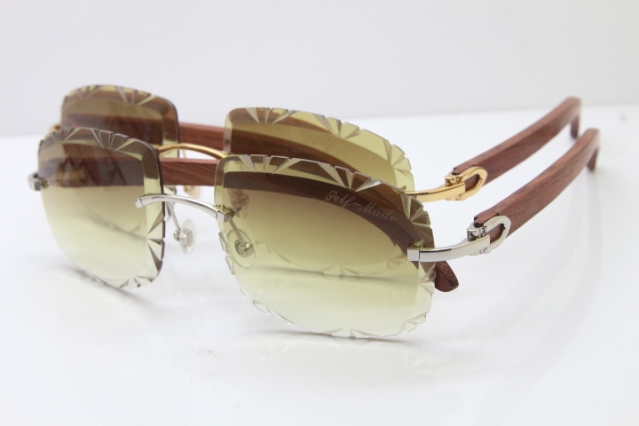 Cartier Rimless Original Wood T8200762 Sunglasses in Gold Brown Lens New（Carved Lens）