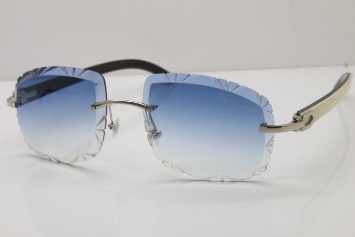 Cartier Rimless White Inside Black Buffalo Horn T8200762 Sunglasses in Gold Blue Lens New（Carved Lens）