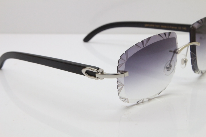 Cartier Rimless Carved Lens Black Buffalo Horn T8200762 Sunglasses in Silver Gray Lens New