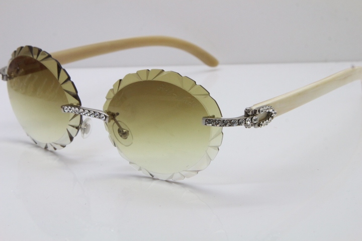 Cartier Big Stones White Genuine Natural Horn T8200761 Rimless Sunglasses In Gold Brown Carved Lens