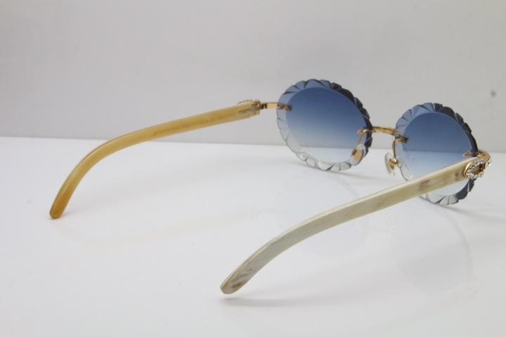 Cartier Big Stones White Genuine Natural Horn T8200761 Rimless Sunglasses In Gold Blue Carved Lens