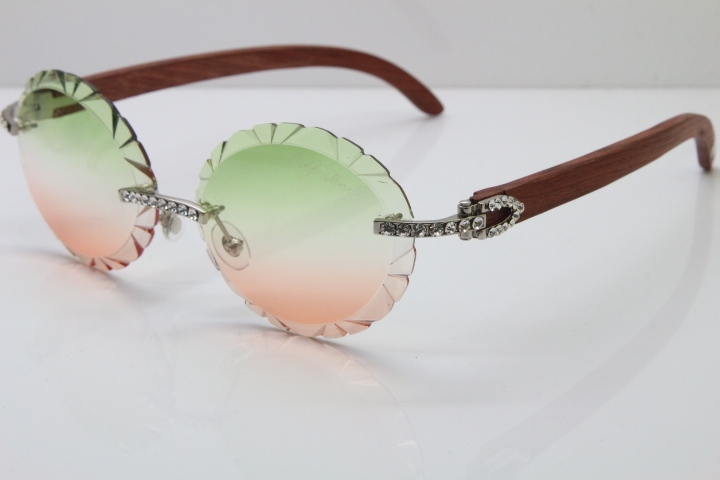 Cartier Big Stones Original Wood T8200761 Rimless Sunglasses In Gold Green Mix Brown Carved Lens