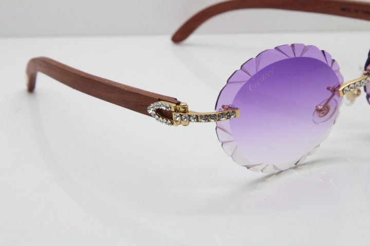 Cartier Big Stones Original Wood T8200761 Rimless Sunglasses In Gold Purple Carved Lens