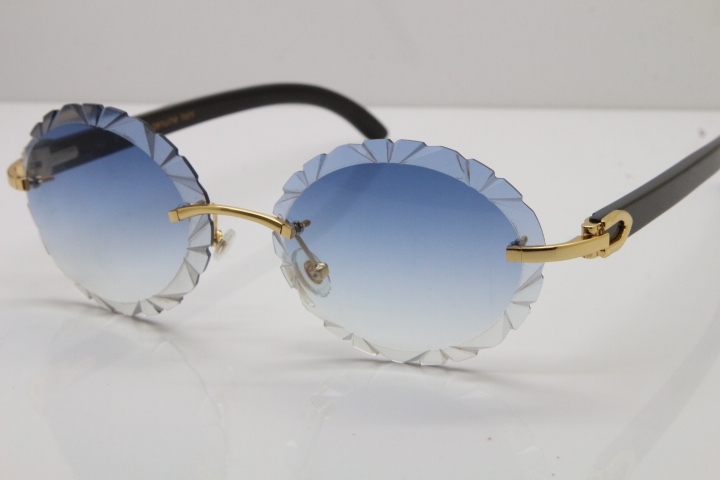 Cartier  Original Black Buffalo Horn T8200761 Rimless Sunglasses In Gold Blue Carved Lens