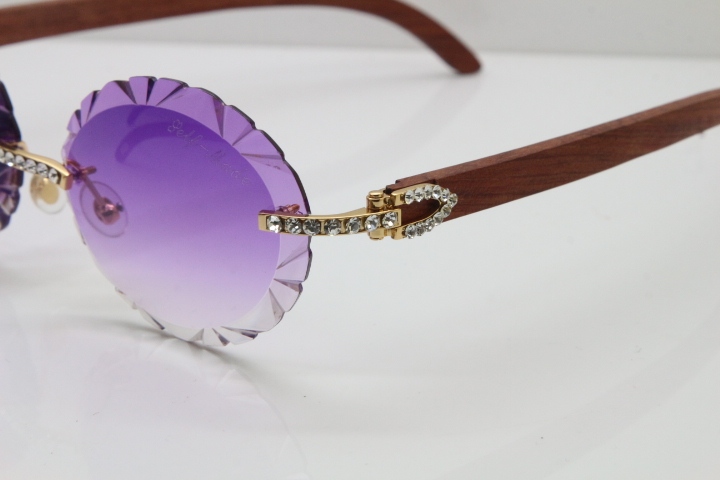 Cartier Big Stones Original Wood T8200761 Rimless Sunglasses In Gold Purple Carved Lens